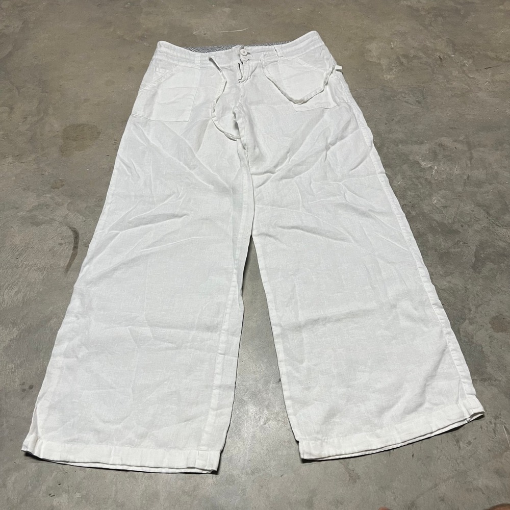 Love Tree Women White 100% Linen Wide Leg Drawstring Pants Large P7013